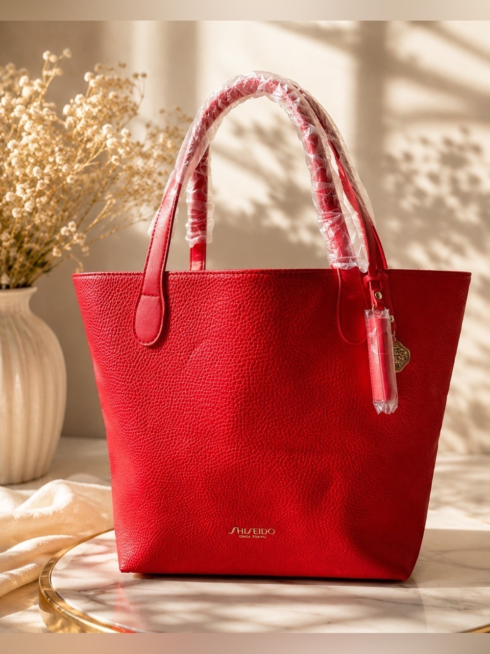 Shiseido Ginza Tokyo Red Tote Bag Pebbled Leather Look Shoulder Purse Gold Charm